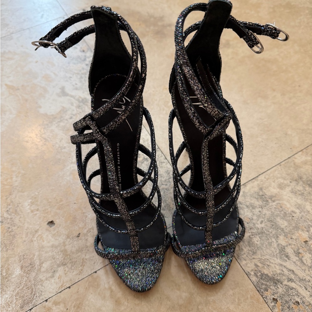 Giuseppe Zanotti Black Glitter Strappy High-Heel Sandals